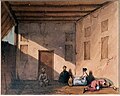 Scène de prison. Croquis reproduit en lithographie. De style Company Paintings, daté de 1842.