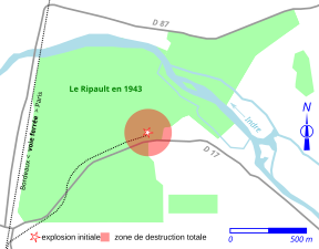 Carte montrant, par un cercle en couleur, la zone de dégâts majeurs d'une explosion.