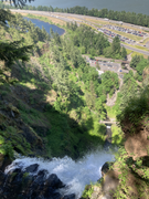 Top of Multnomah Falls with lodge and parking lot visible, along with I-84 and the Columbia River)
