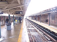 The platform level on a snowy day, on the center island platform. A train is stopped on the left-hand track. On the right is another, empty track, as well as a disused side platform with a white windscreen.