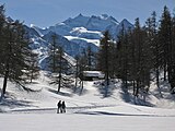 Winterwandern in der Moosalp, im Hintergrund Mischabelgruppe