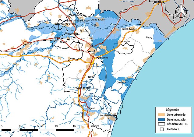 Carte du TRI de Narbonne, avec représentation des principales infrastructures.