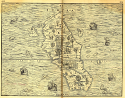 1565 map of Sumatra with south orientation on top, showing "Terre Laru" on center-lower left