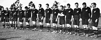 Fifteen players standing in one line while wearing rugby jerseys. The player on the far left is holding a rugby ball.