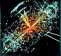 Image 21One possible signature of a Higgs boson from a simulated proton–proton collision. It decays almost immediately into two jets of hadrons and two electrons, visible as lines. (from History of physics)
