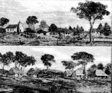 At the upper left, a church and moving right a man with horses in front of a picket fence behind which are houses. At the bottom, thatched huts in front of a row of trees.