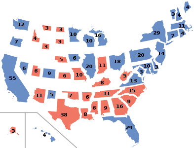 Results by state and the District of Columbia, scaled by number of electors per state