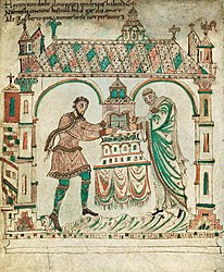 Dirk II, Count of Holland and his wife Hildegard of Flanders presenting the Egmond Gospels to Egmond Abbey, c. 975