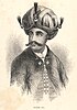 A monochrome engraved head-and-shoulders portrait of Hyder Ali. He is wearing a large bejeweled turban, and is cleanshaven except for a long bushy moustache.