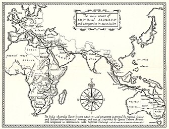 Carte montrant l'ancien monde. Deux lignes de Londres à Bisbane et au Cap, se séparant au Caire.