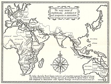 April 1935 map showing Imperial Airways' routes from the UK to Australia, India, South Africa and other destinations
