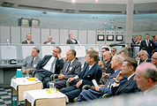 NASA administrator James Webb, VP Johnson and President Kennedy are briefed during a tour of Blockhouse 34 in 1962