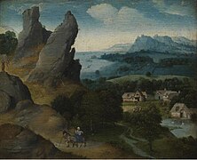 Joachim Patinir, 1510s (?), the inventor of the world landscape, painted several versions of the subject. At right the miracle of the corn, at top left the falling idol
