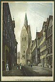Old Town Hall seen on right of Köbelingerstraße obscuring Market Church in back-right, drawn before 1827