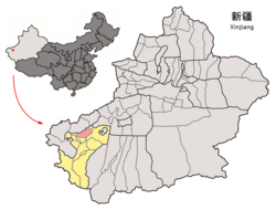 Location of Peyziwat County (red) and Kashgar Prefecture (yellow) within Xinjiang