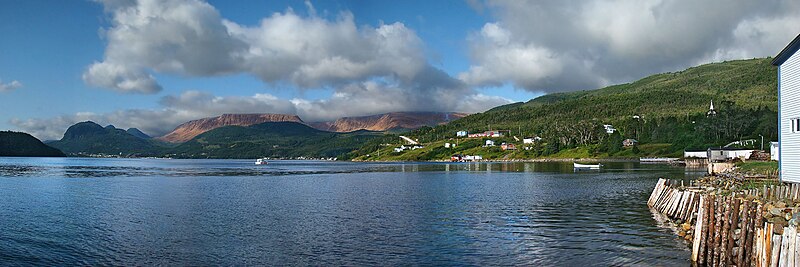 Woody Point, Western Newfoundland, Canada. Panorama of the Gros Morne National Park with the Tablelands, overlooking Bonne Bay