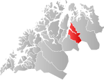 Mapa do condado de Troms com Kåfjord em destaque.