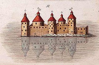 Olavinlinna the way it looked in 1690s before one of the towers had collapsed and another exploded, chalcography from 1762