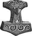 Drawing of a silver-gilted Thor's hammer found in Scania, Sweden