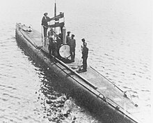 A submarine floats on the surface with its crew standing on the deck and conning tower. The naval ensign of Austria-Hungary can be seen flying from the submarine's conning tower and the main entry hatch of the boat is open.