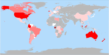World map showing countries in gray, white and in various shades of red. The U.S. and Australia stand out as bright red (which the caption identifies as the 60–80% color). Brazil and Canada are medium pink (40–60%). China, much of western Europe, and central Africa are light pink (1–20%). Germany, Japan, Nigeria, and Venezuela are white (<1%).
