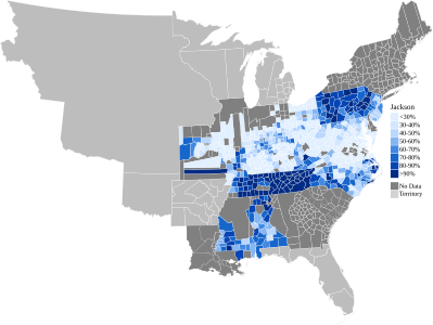 Map of presidential election Results by county, shaded according to the vote share of the highest result for an elector candidate pledged to Jackson