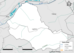 Carte en couleur présentantle réseau hydrographique de la commune