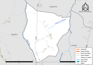 Carte en couleur présentant le réseau hydrographique de la commune