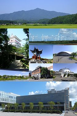 From the top, left to right: Mount Taihei, Kubota Castle, Akita-Araya Wind Farm, Hitotsumori Park, Akita Skydome, Akita Museum of Art, Akita Akarengakan Museum, Akita City Gymnasium