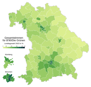 Bündnis 90/Die Grünen ﻿Höchstwert: 44,1 % (München-Mitte) ﻿Tiefstwert: 4,3 % (Regen, Freyung-Grafenau)