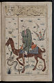 A man, mounted on a camel, killing a snake with a lance.