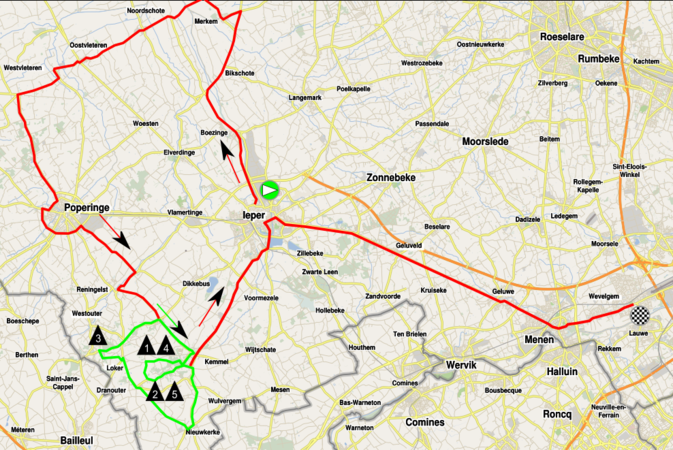 Parcours principal Circuit autour de Kemmel, parcouru une fois Note : Ieper est le nom néerlandais d'Ypres et Roeselare celui de Roulers