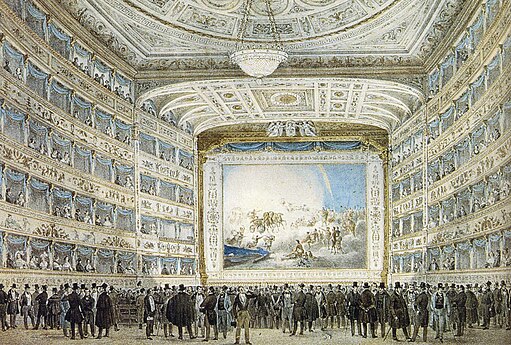 Dessin montrant l'intérieur d'un théâtre à l'italienne.