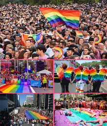 Five images showing gay pride parades.