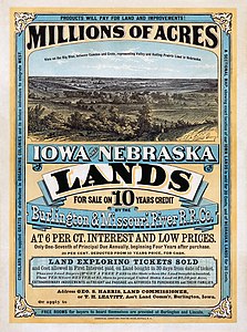 Iowa and Nebraska lands sale advertisement at History of Iowa, by Burlington and Missouri River Railroad (edited by Durova)