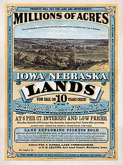 Affiche publicitaire américaine datant de 1872, promouvant la vente de terres en Iowa et au Nebraska. (définition réelle 2 604 × 3 504)