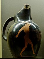 Oinochoe Shape 7, H. 21 cm (8 ¼ in.), diam. 12.8 cm (5 in.), Javelin thrower. Attic red-figured, c. 450 BC.