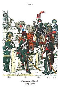 Colored print of French Chasseurs à Cheval of the period 1792–1800