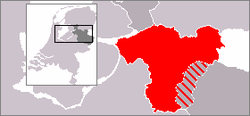 The location of the historical dominion Salland (red and red-grey) within Overijssel (dark grey) and the Netherlands (light grey); the red-grey area belongs to the city region of Twente.