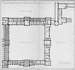 Plan of the Louvre's first floor in 1756, by Jacques-François Blondel, showing uninhabitable and generally unroofed areas shaded (marked "A")