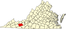 County map of Virginia with Wythe County highlighted in the southwest