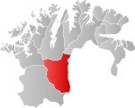 Mapa do condado de Finnmark com Karasjok em destaque.