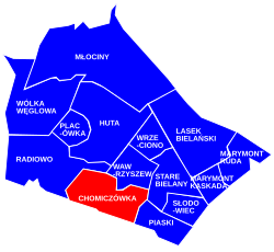 Location of the City Information System area of Chomiczówka within the district of Bielany.