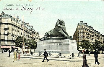 La place Denfert-Rochereau et le Lion de Belfort d'Auguste Bartholdi avant 1909.