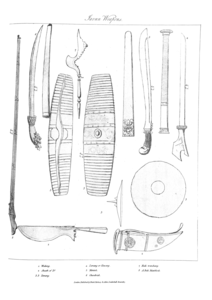 Short swords, shields, and a matchlock gun