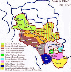 Силезия в 1306—1309 годах. Козленское княжество закрашено ярко зелёным цветом