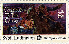 Image of US 8-cent stamp is labeled, «Sybil Ludington Youthful Heroine».