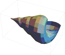 graphics complex of a seashell with toon shading modeled in Mathematica 13.1