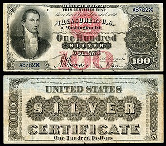 One-hundred-dollar silver certificate from the series of 1878, by the Bureau of Engraving and Printing