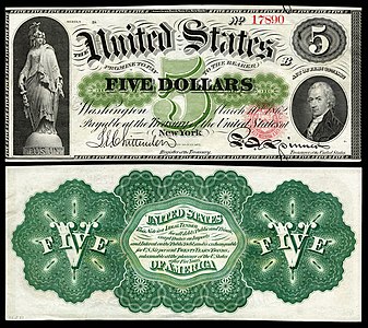 Five-dollar United States Note from the series of 1862–63 at Greenback (money), by the American Bank Note Company
